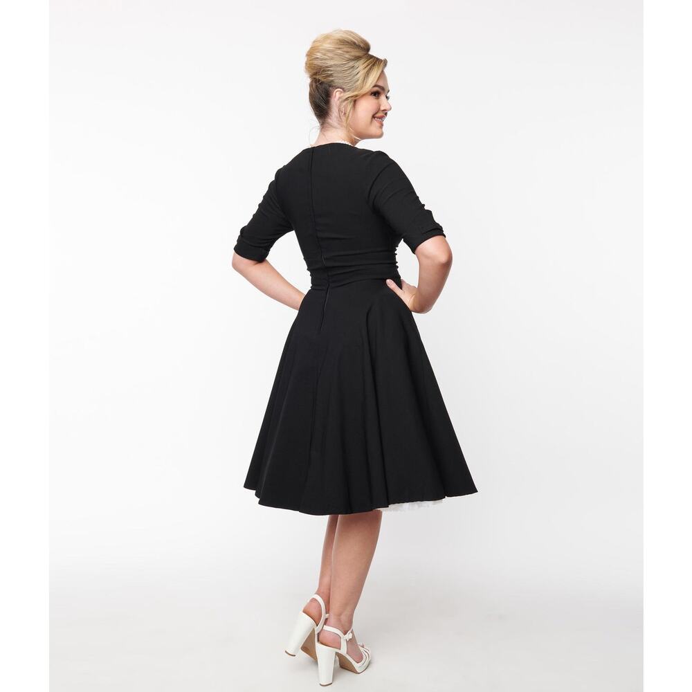 Unique Vintage Black Delores Swing Dress with Sleeves Fit Flare  - Sz Medium - Picture 2 of 7